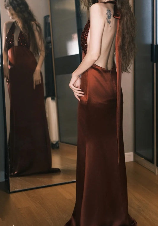 Gorgeous Prom Dress Wine Red Satin Halter Gala Dress Evening Dress       D5491