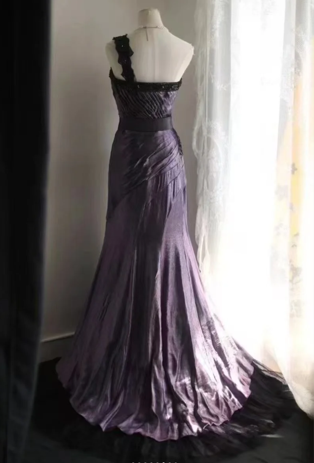 Unique One Shoulder Purple Satin Pleated Tulle Appliques Long Party Dress Birthday Prom Dress D2321