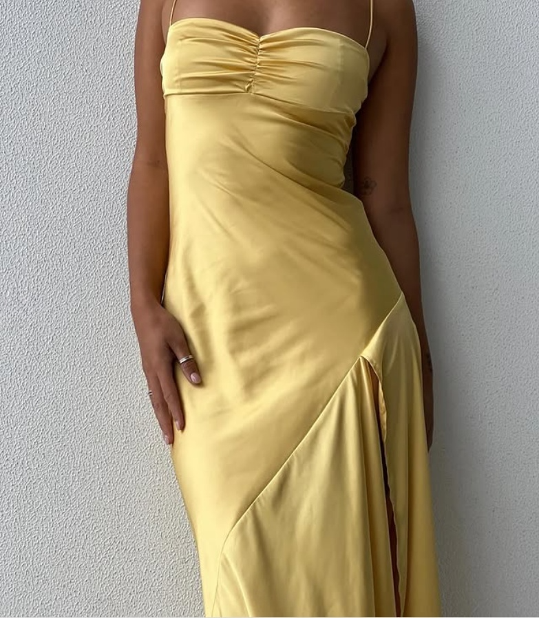 Spaghetti Straps Yellow Long Sheath Prom Dress With Slit MD7581