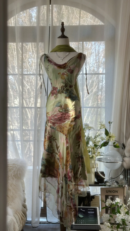 Elegant Green Fairy Gorgeous Floral Long Chiffon Spaghetti Strap Romantic Evening Dress Prom Dresses D1495