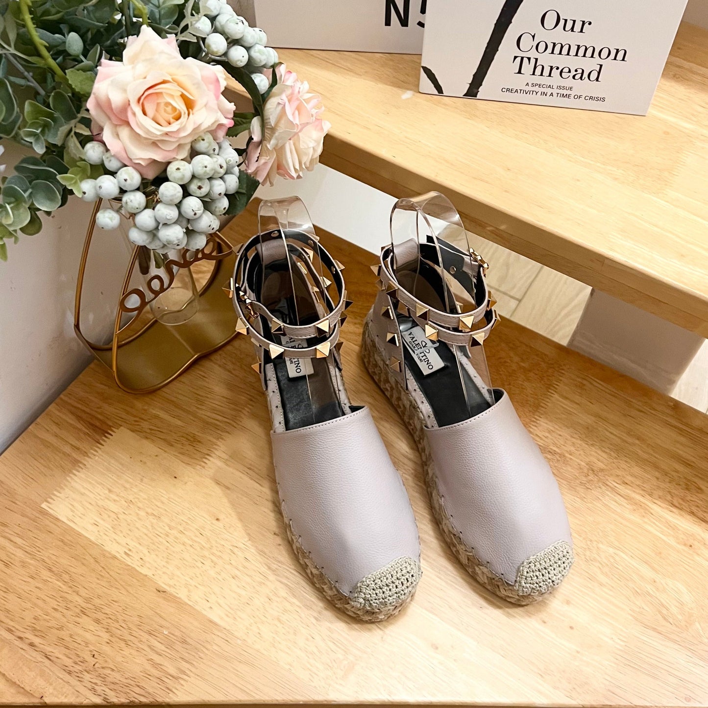 Valentino Rockstud Espadrille Sandals Beige Gray Leather 240598
