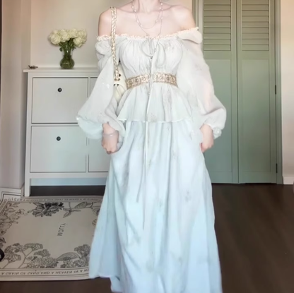 Gentle temperament blue one-shoulder dress beautiful waist A-line long skirt R0666