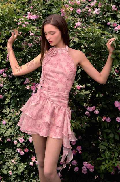 Halter Neck Printed Ribbon Dress Summer New Sleeveless Off Shoulder Vest Dress R3338