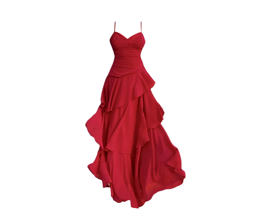 Retro red irregular ruffle sling dress 2025 new holiday temperament long dress R0042