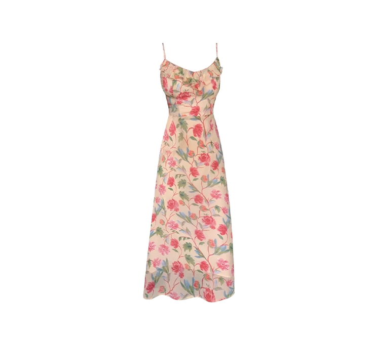 Tea break mid-length floral ruffled sling dress new French retro temperament skirt R0172