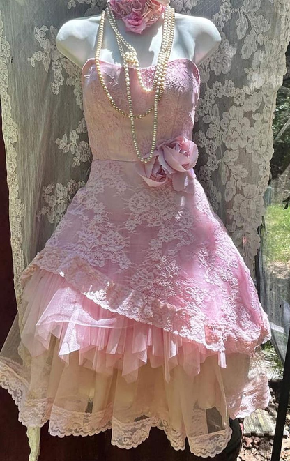 Elegant Strapless Tulle Lace Pink Short Prom Dress Formal Graduation Homecoming Dress D476