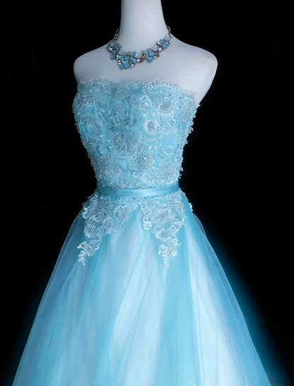 Sweet Strapless Ice Blue Tulle Appliques Beaded Long Birthday Prom Dress Evening Dress SP1848