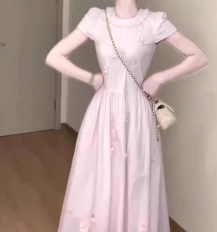 Gentle style pink baby collar dress floral waist A-line long skirt R0790