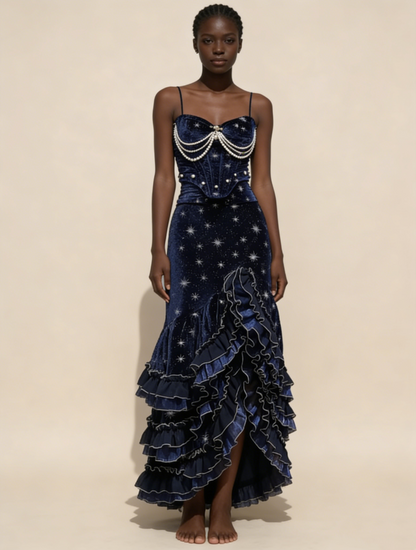 Prom Dress Dark Navy Spaghetti Straps Mermaid Layers Ruffles Sexy Evening Dress Birthday Outfits, D827