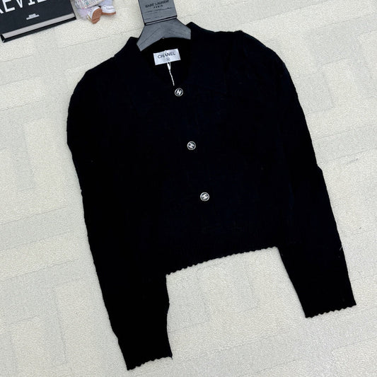 Chanel 2025 Polo Neck High-Waisted Short Knit Cardigan Black Wool