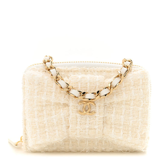 Tweed Quilted Bow Flap Card Holder On Chain White