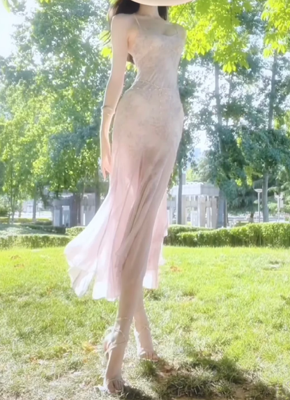 Tea break French floral suspender dress new style holiday style slim fit figure temperament long dress R0474