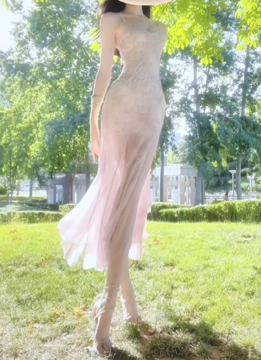 Tea break French floral suspender dress new style holiday style slim fit figure temperament long dress R0474