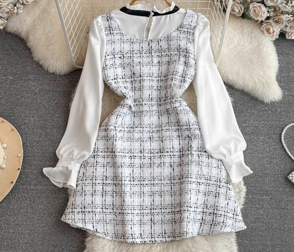 Little Chanel style celebrity temperament fake two-piece long-sleeved stand-up collar waist A-line coarse flower dress R0387