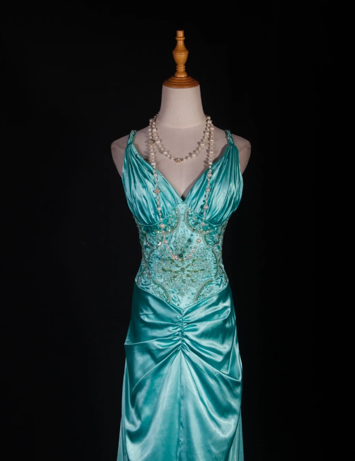 Classy V Neck Green Satin Beaded Mermaid Evening Dress Long Birthday Party Dress D2287
