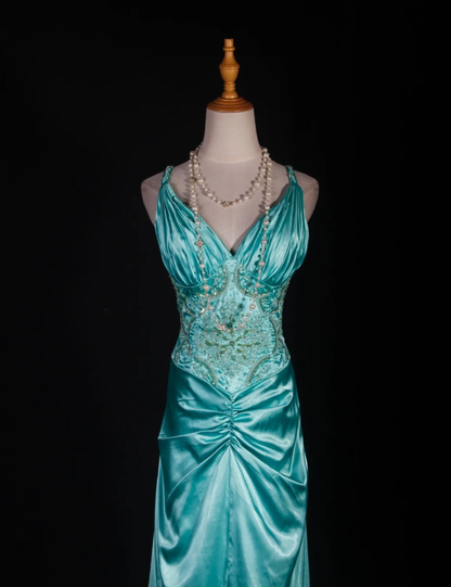 Classy V Neck Green Satin Beaded Mermaid Evening Dress Long Birthday Party Dress D2287