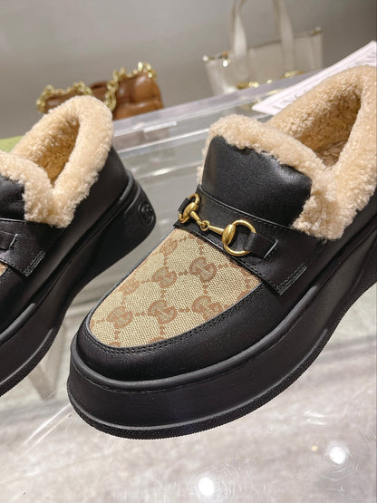 GG Snow Boots Black Beige Calfskin Denim Wool 576250