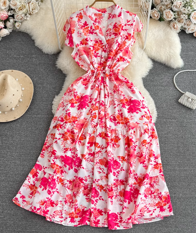 High-end, light luxury temperament flying sleeves V-neck waist slimming A-line ruffled printed dress R0353