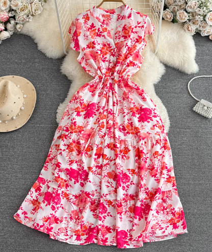 High-end, light luxury temperament flying sleeves V-neck waist slimming A-line ruffled printed dress R0353