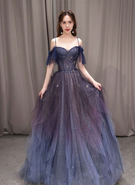 Beautiful Purple Tulle Beaded Sweetheart Long Party Dress, A-line Tulle Prom Dresses