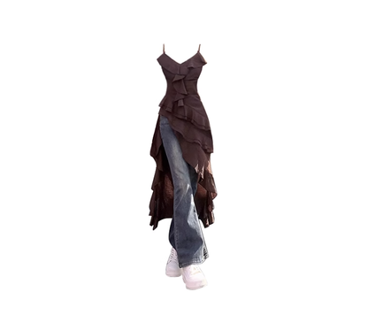Retro summer dress with holiday style design, irregular hem, ruffled small camisole top R0028