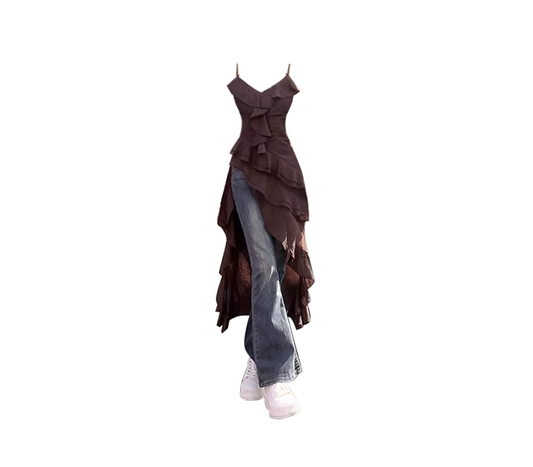 Retro summer dress with holiday style design, irregular hem, ruffled small camisole top R0028