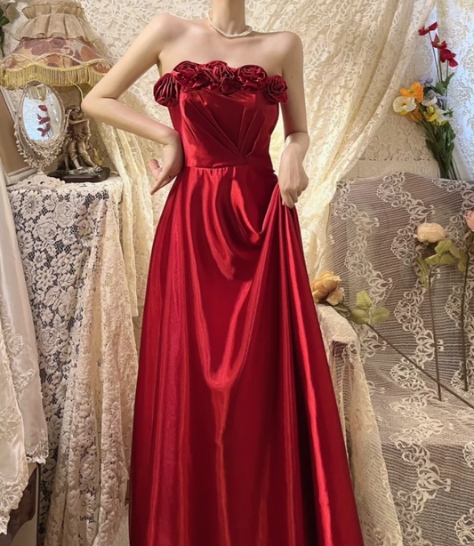 Fashion Red Strapless Satin A Line Long Wedding Guest dress Formal Evening Gown With 3D Flowers