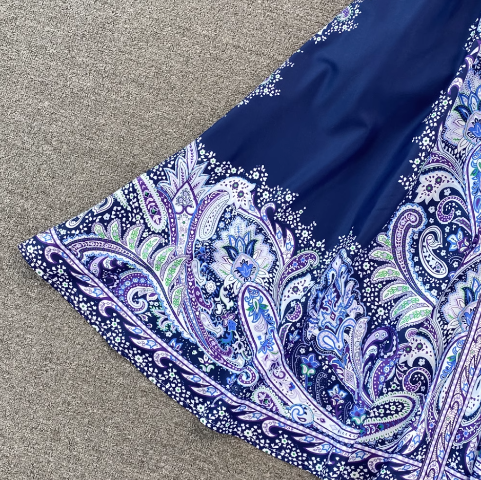 Retro palace style goddess style single-breasted lapel print dress elegant A-line long skirt R0361
