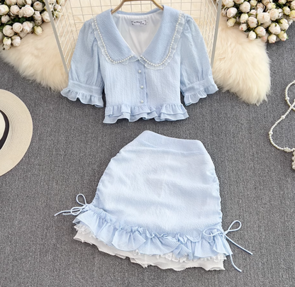 First love girl doll collar ruffled short shirt two-piece suit high waist hip skirt small size R0394