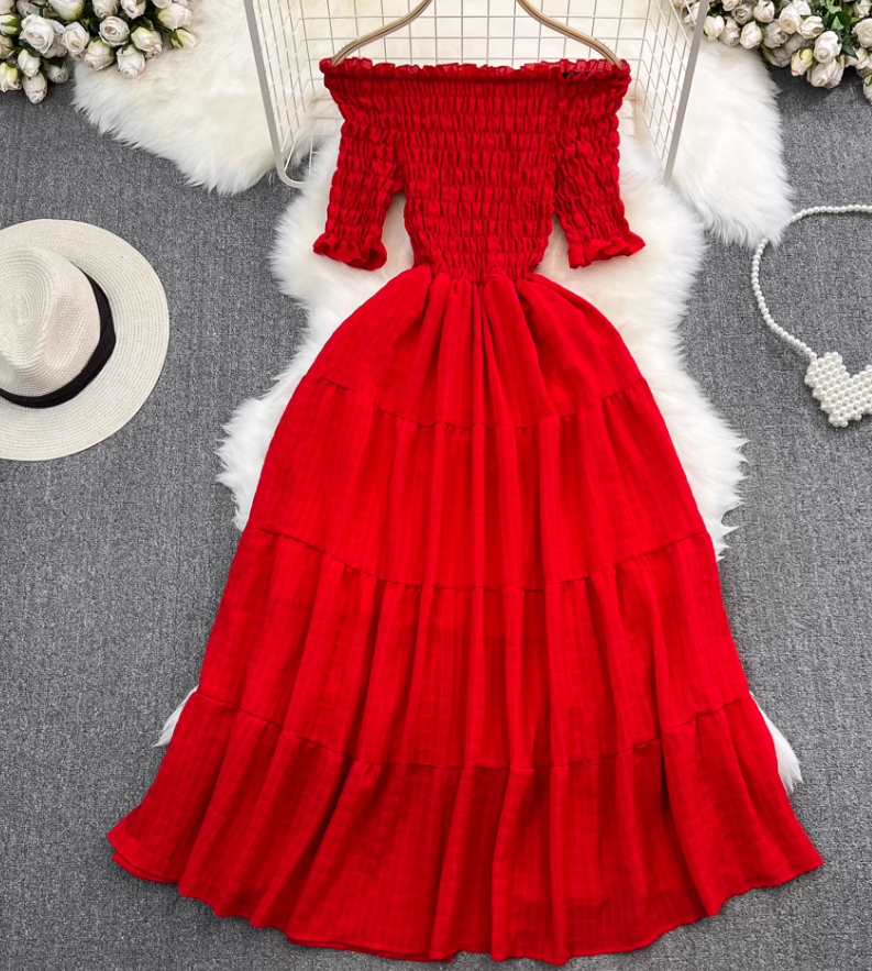 Gentle style, super fairy, one shoulder, off-shoulder, waist, slim, A-line dress, seaside holiday, long skirt R0372