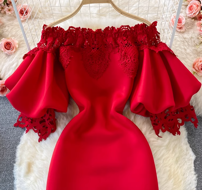 Retro French style waisted hip dress long skirt lace one-shoulder off-shoulder lantern sleeve dress R0383