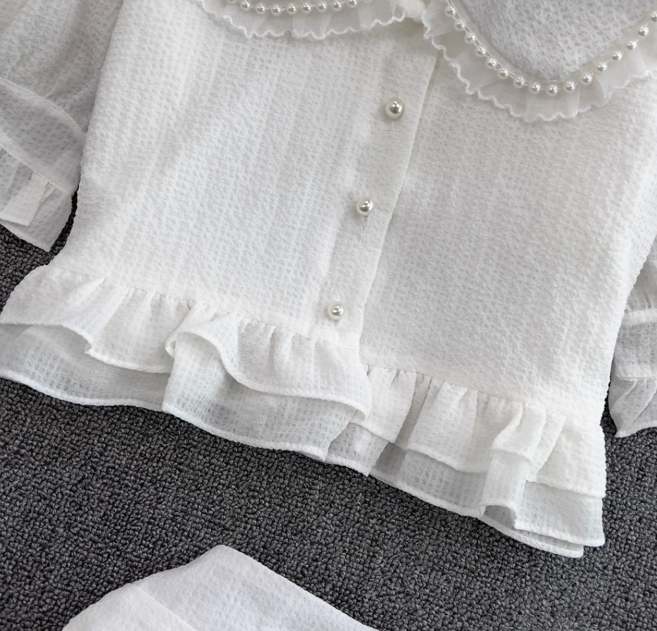 First love girl doll collar ruffled short shirt two-piece suit high waist hip skirt small size R0394