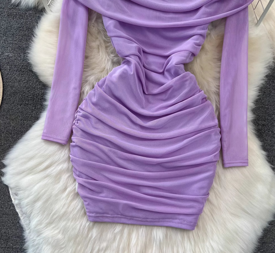 Pure sexy one-shoulder off-shoulder waisted petite short pleated mesh hip-wrapped bottoming dress R0386