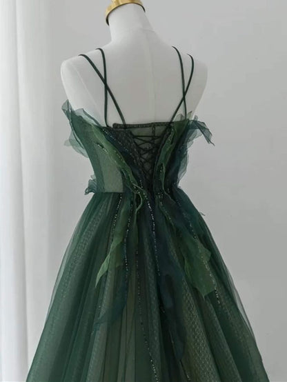 Ball Gown Spaghetti Straps Floor Length Dark Green Long Prom Dresses B008