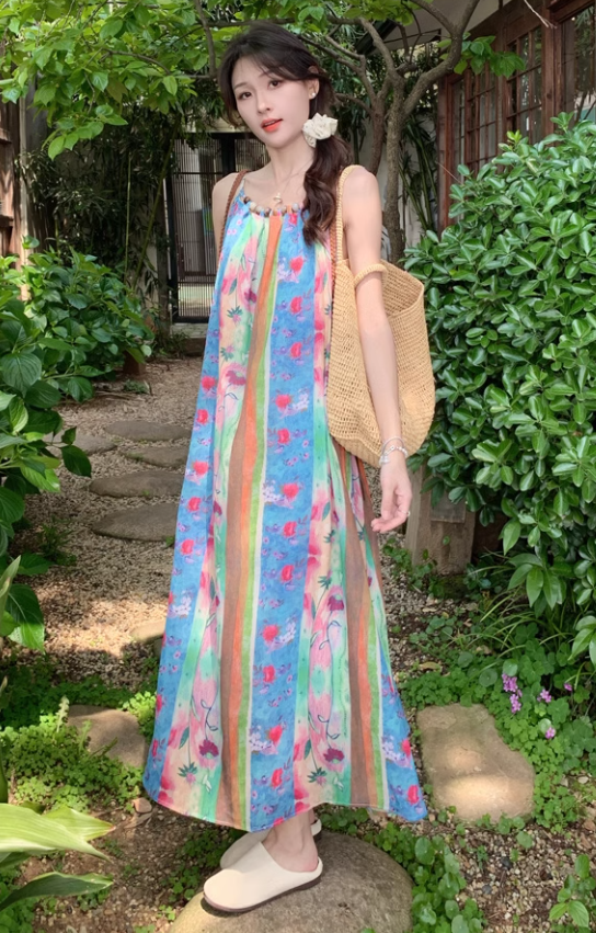 Retro oil painting style flower suspender dress holiday style tassel blouse slim long skirt suit R0204