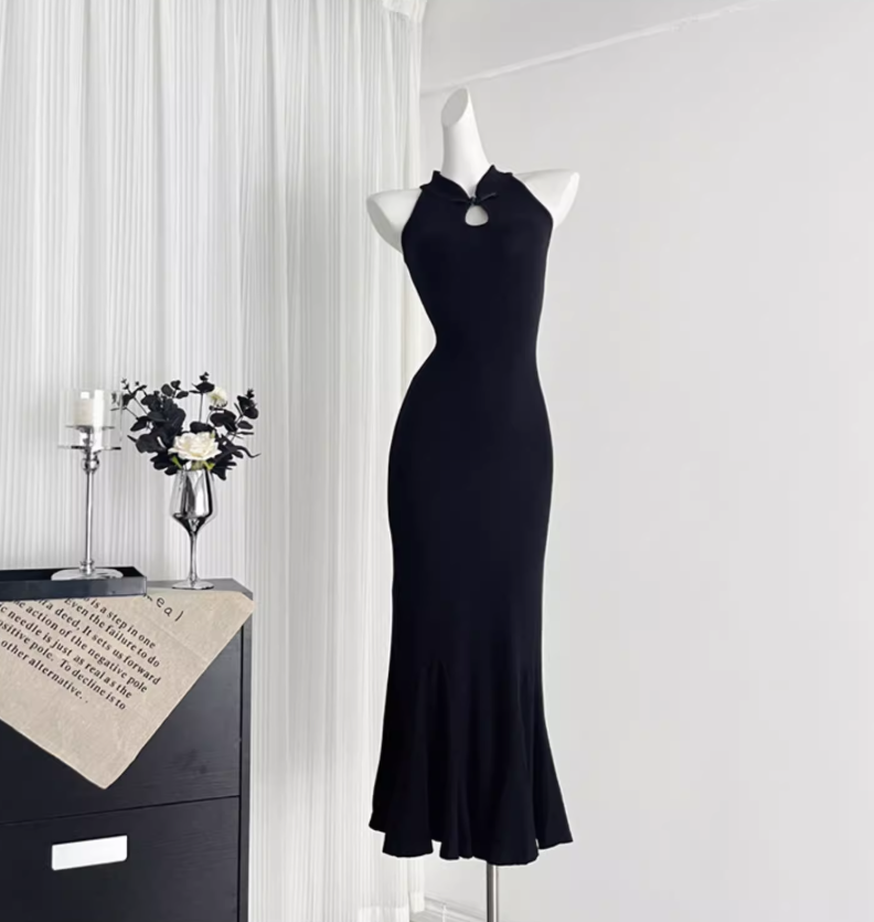 New Chinese style design slim step by step lotus black fishtail dress for women R0275