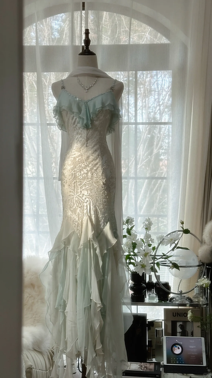 Elegant Mermaid Sparkling Beaded Spaghetti Strap Romantic Chiffon Evening Dress Prom Dresses D1464