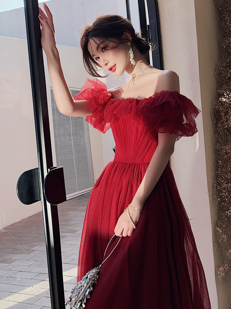Dark Red Long Formal Gown, Off Shoulder Dark Red Prom Dress Y1653