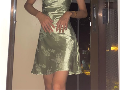 Elegant Spaghetti Straps Green Satin Printed Floral Short Homecoming Dress Birthday Dress D732