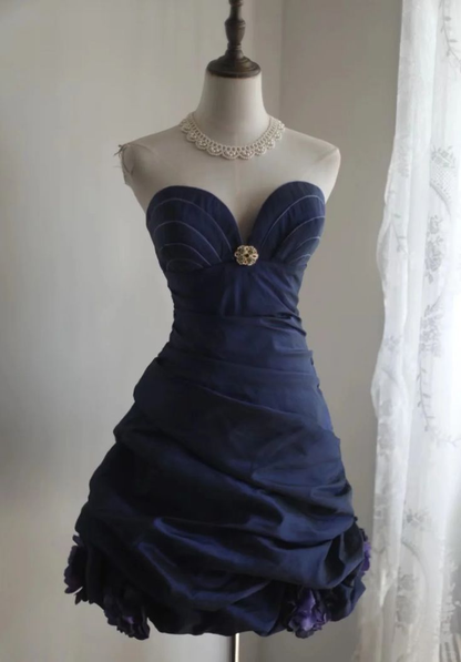Vintage Strapless Navy Blue Satin Short Homecoming Dress Cocktail Dress Y9953