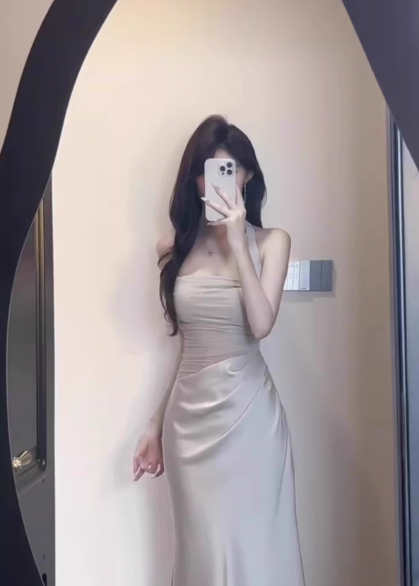 French style mesh hollow off-shoulder halter dress high-grade acetate satin waist slim hip skirt summer R0432