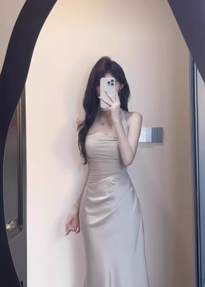 French style mesh hollow off-shoulder halter dress high-grade acetate satin waist slim hip skirt summer R0432