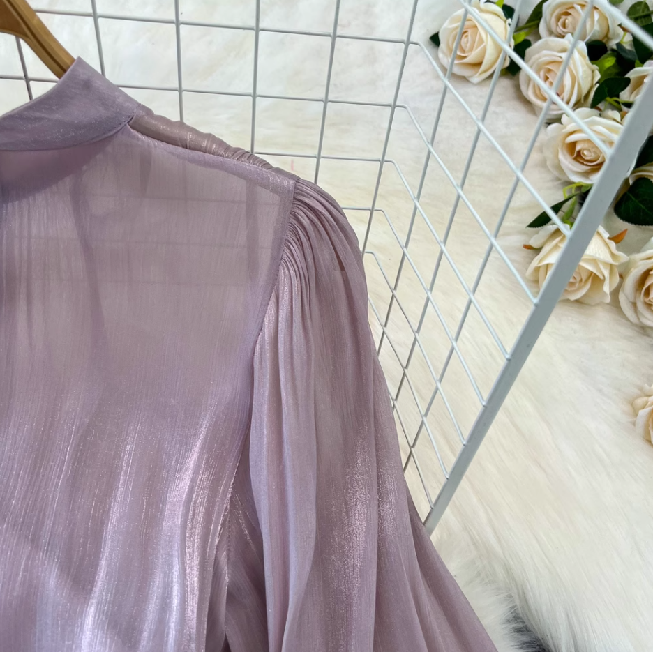 Spring and autumn lantern long sleeve stand collar waist slim pleated A-line dress holiday long skirt R0309