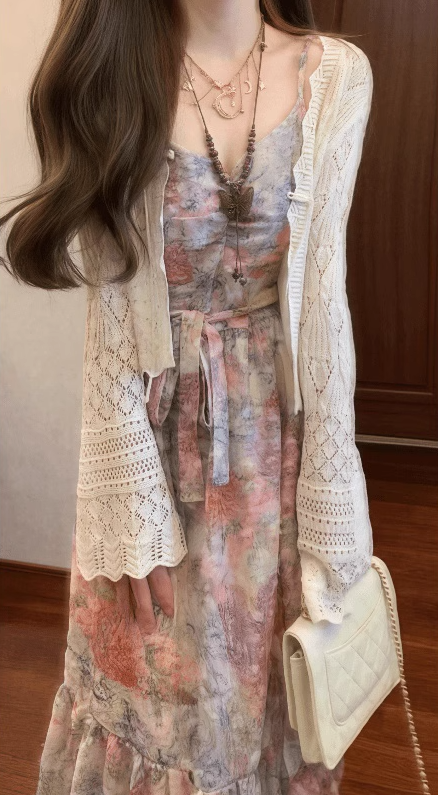 Retro floral suspender dress gentle temperament waist A-line long skirt R0785