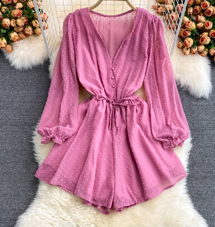 New fashion loose v-neck single-breasted waist strap chiffon puff sleeve jumpsuit wide-leg shorts trend R0350