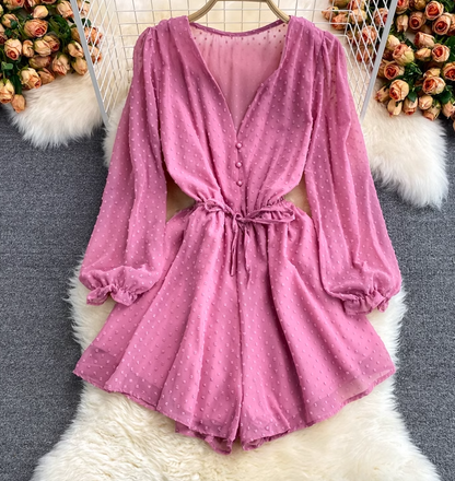 New fashion loose v-neck single-breasted waist strap chiffon puff sleeve jumpsuit wide-leg shorts trend R0350