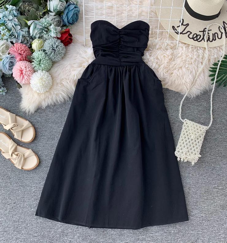 Dress women 2025 new sexy tube top waist off-shoulder solid color mid-length skirt all-match skirt R0367