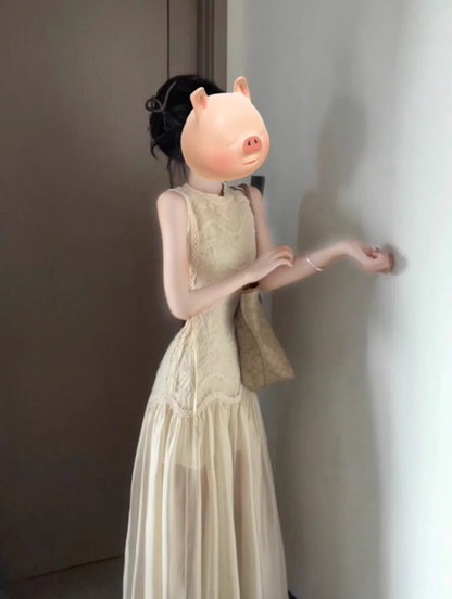 French sleeveless vest dress new style gentle style temperament mesh splicing waist a-line long skirt R0431