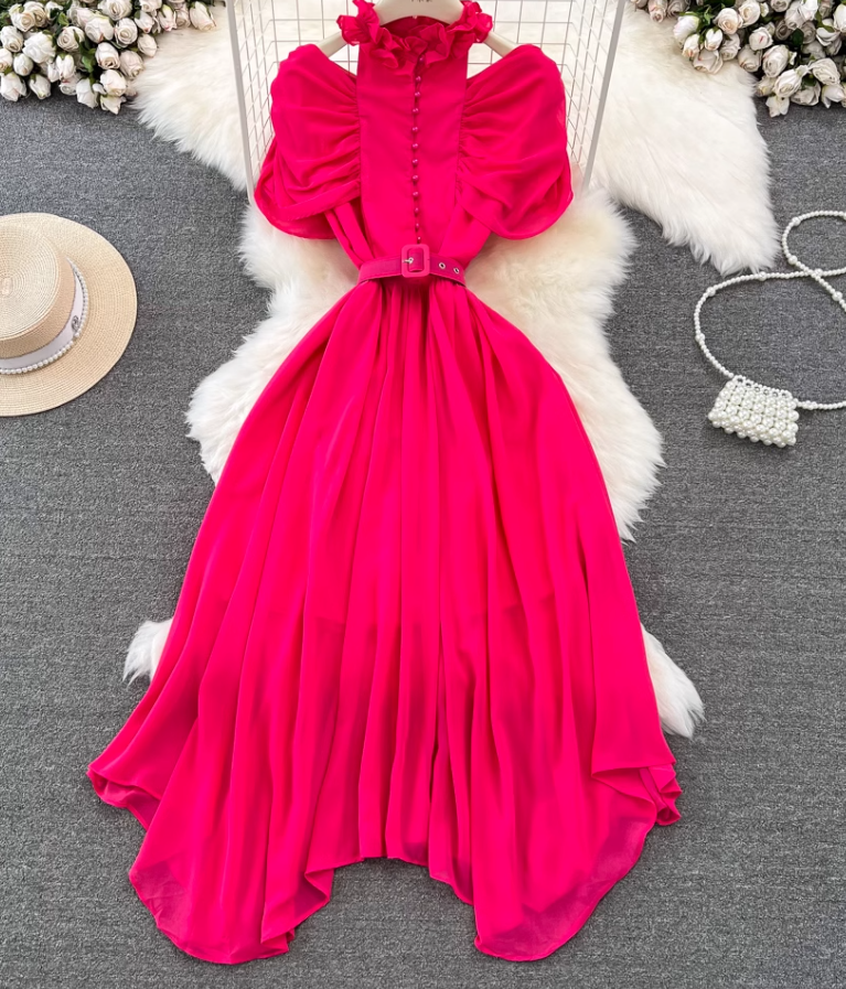 Light luxury temperament stand-up collar off-shoulder pleated waist A-line chiffon dress elegant long skirt R0374