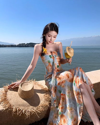 Retro floral suspender dress, beautiful temperament beach dress R0602